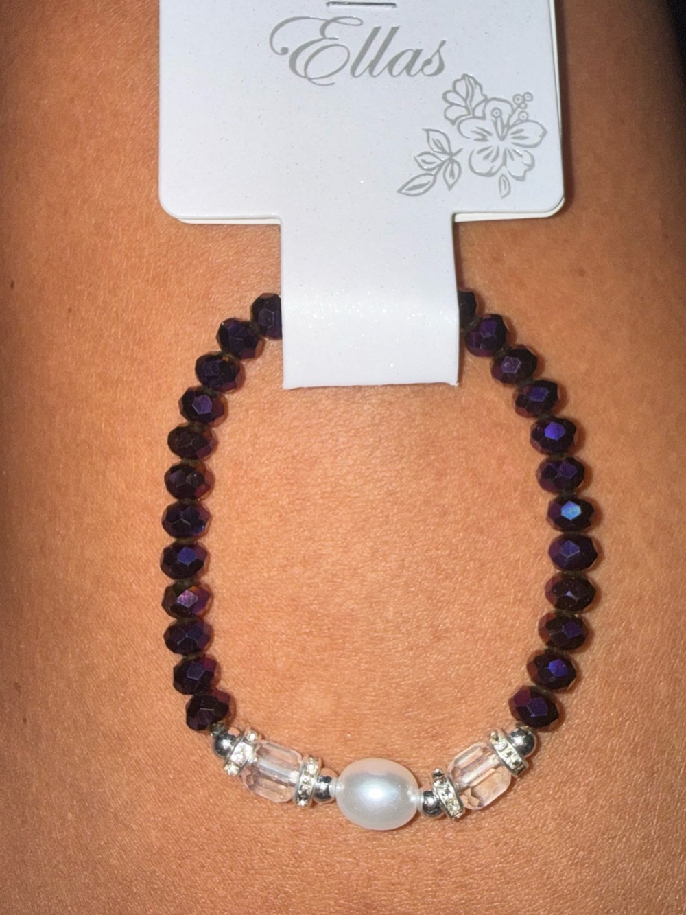 Ella Dark Purple Faceted Bead Stretch Bracelet with Pearl Accent